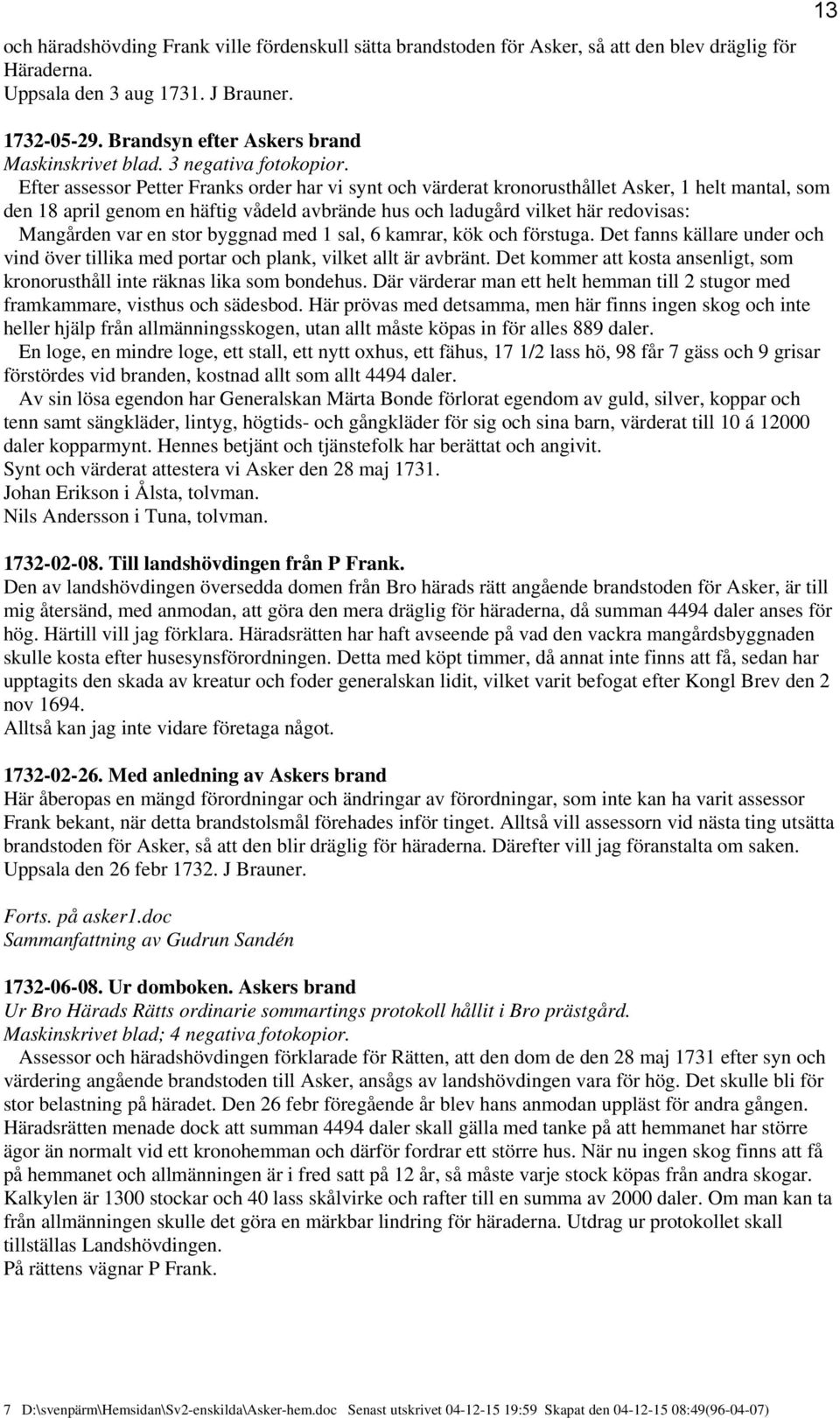 Efter assessor Petter Franks order har vi synt och värderat kronorusthållet Asker, 1 helt mantal, som den 18 april genom en häftig vådeld avbrände hus och ladugård vilket här redovisas: Mangården var