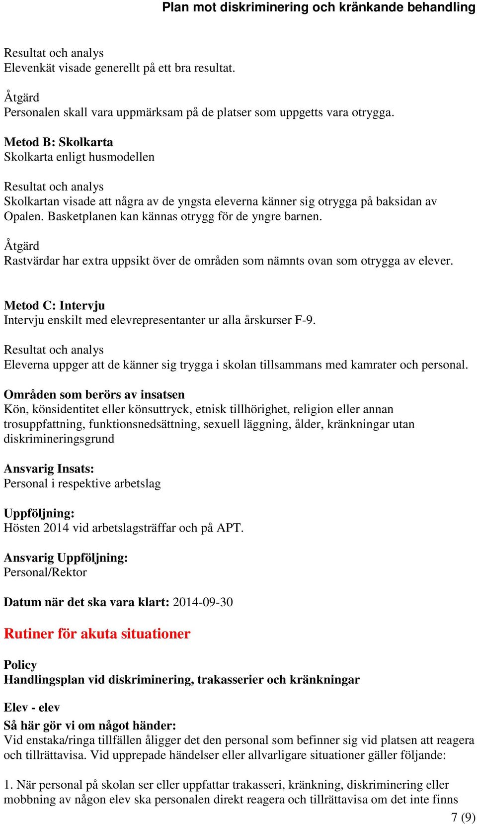 Basketplanen kan kännas otrygg för de yngre barnen. Åtgärd Rastvärdar har extra uppsikt över de områden som nämnts ovan som otrygga av elever.