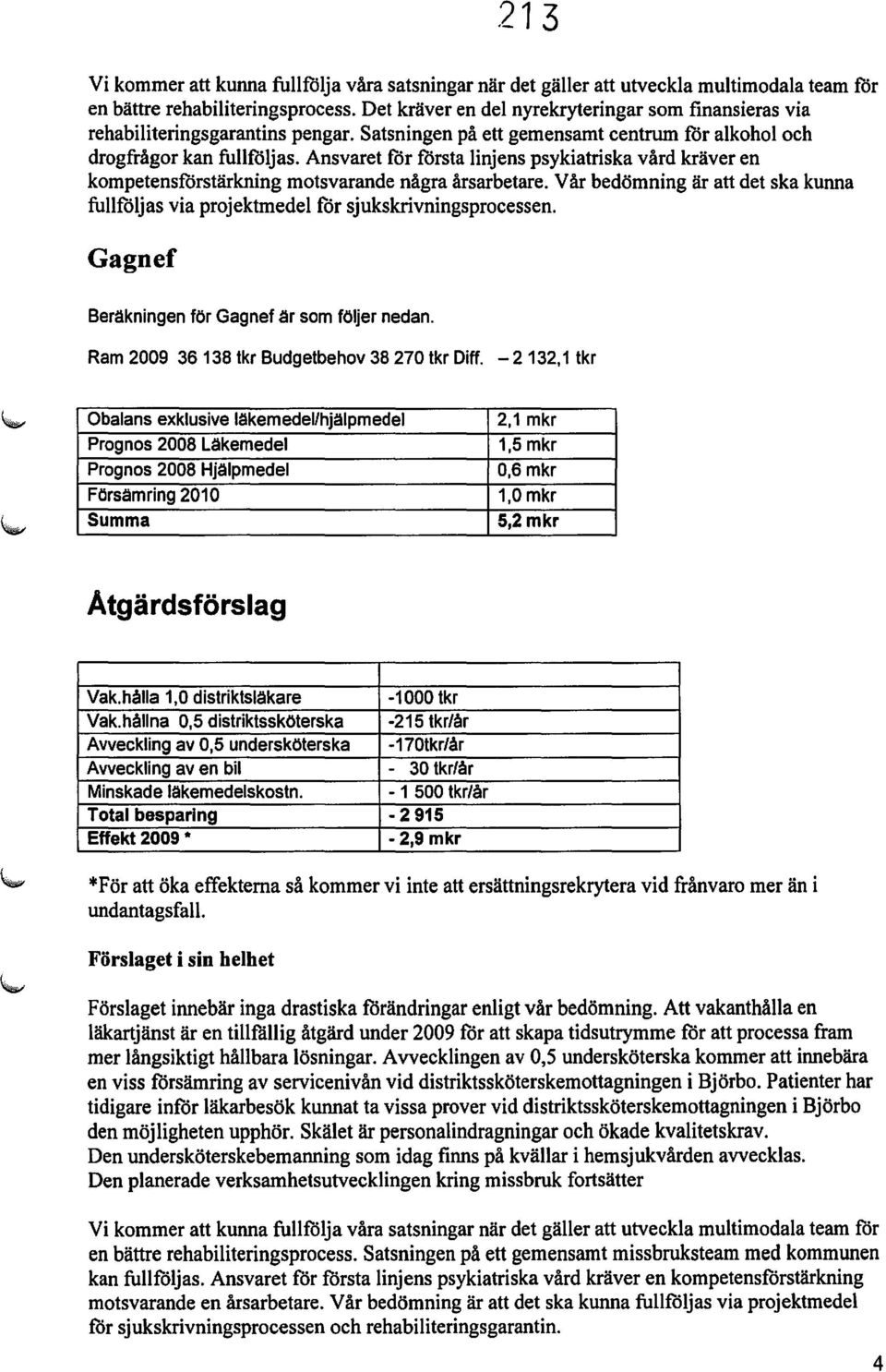 Ansvaret för första linjens psykiatriska vård kräver en kompetensförstärkning motsvarande några årsarbetare. Vår bedömning är att det ska kunna fullföljas via projektmedel för sjukskrivningsprocessen.