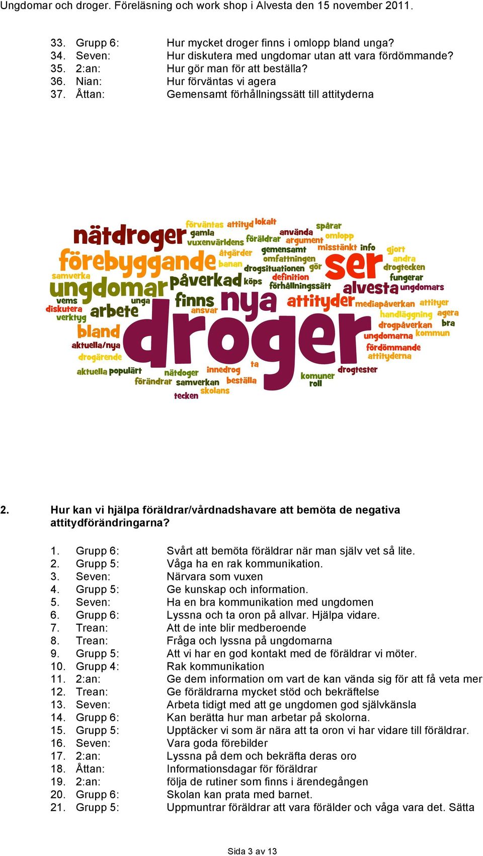 Grupp 6: Svårt att bemöta föräldrar när man själv vet så lite. 2. Grupp 5: Våga ha en rak kommunikation. 3. Seven: Närvara som vuxen 4. Grupp 5: Ge kunskap och information. 5. Seven: Ha en bra kommunikation med ungdomen 6.