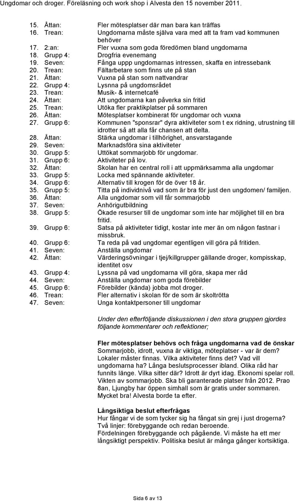 Grupp 4: Lysnna på ungdomsrådet 23. Trean: Musik- & internetcafé 24. Åttan: Att ungdomarna kan påverka sin fritid 25. Trean: Utöka fler praktikplatser på sommaren 26.