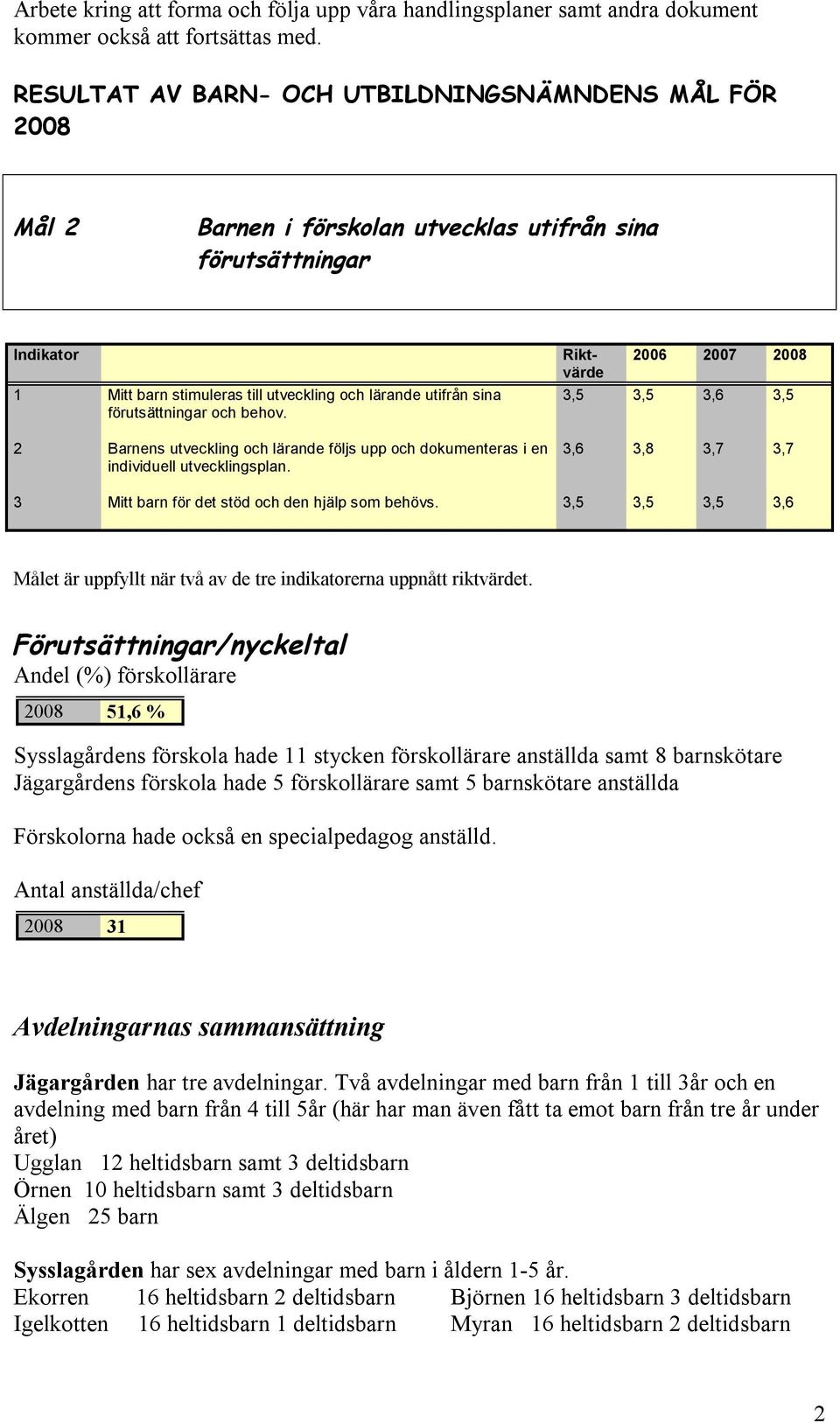 förutsättningar och behov. Riktvärde 2006 2007 2008 3,5 3,5 3,6 3,5 2 Barnens utveckling och lärande följs upp och dokumenteras i en individuell utvecklingsplan.