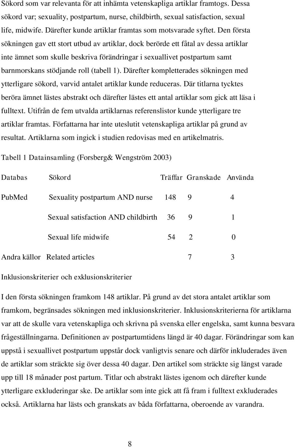 Den första sökningen gav ett stort utbud av artiklar, dock berörde ett fåtal av dessa artiklar inte ämnet som skulle beskriva förändringar i sexuallivet postpartum samt barnmorskans stödjande roll