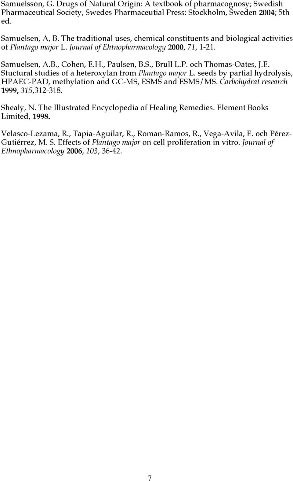 E. Stuctural studies of a heteroxylan from Plantago major L. seeds by partial hydrolysis, HPAEC-PAD, methylation and GC-MS, ESMS and ESMS/MS. Carbohydrat research 1999, 315,312-318. Shealy, N.