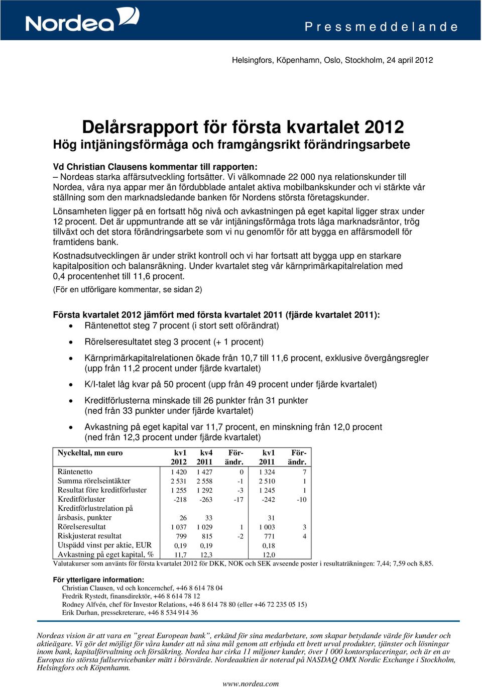 Vi välkomnade 22 000 nya relationskunder till Nordea, våra nya appar mer än fördubblade antalet aktiva mobilbankskunder och vi stärkte vår ställning som den marknadsledande banken för Nordens största