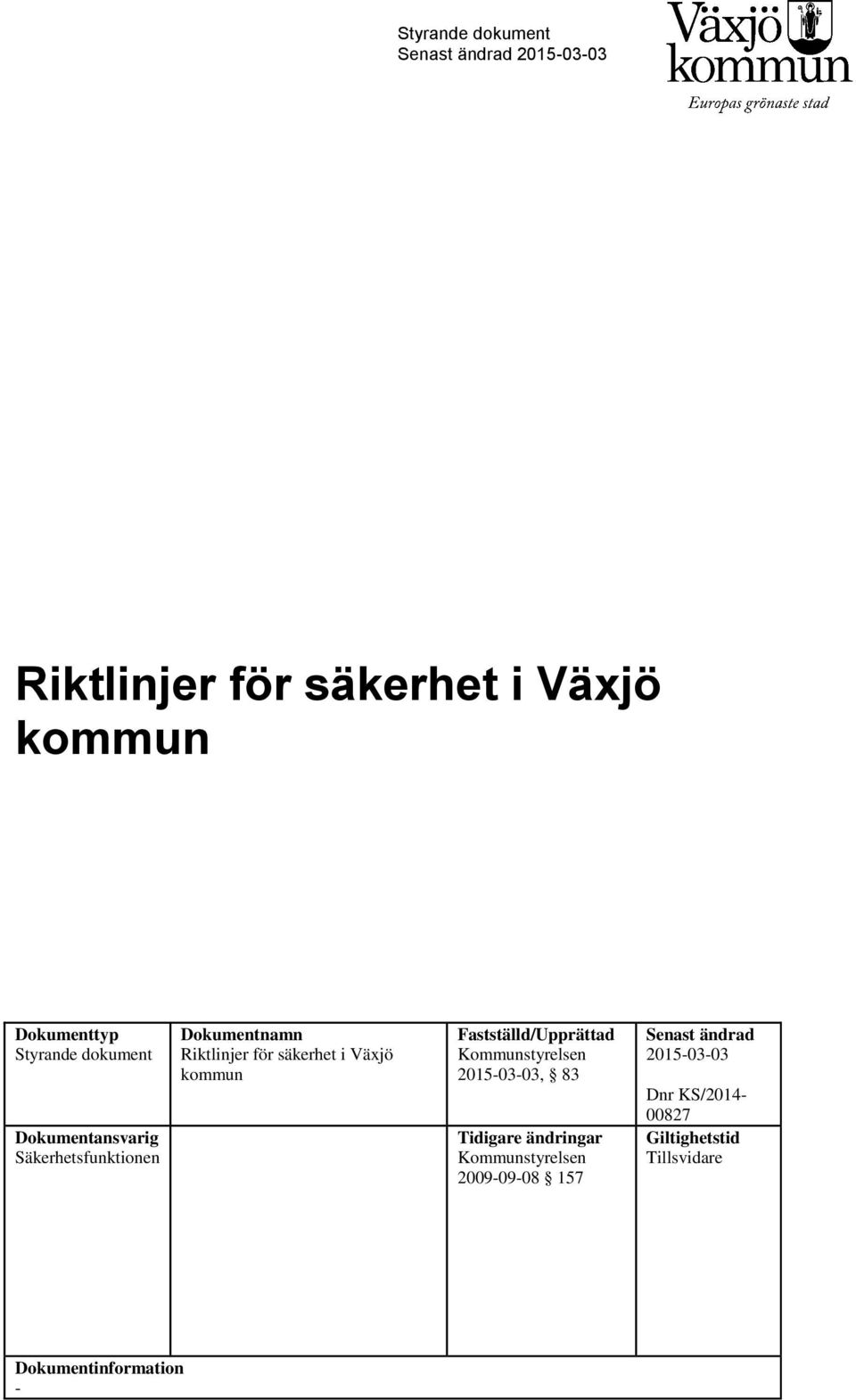 Fastställd/Upprättad Kommunstyrelsen 2015-03-03, 83 Tidigare ändringar Kommunstyrelsen