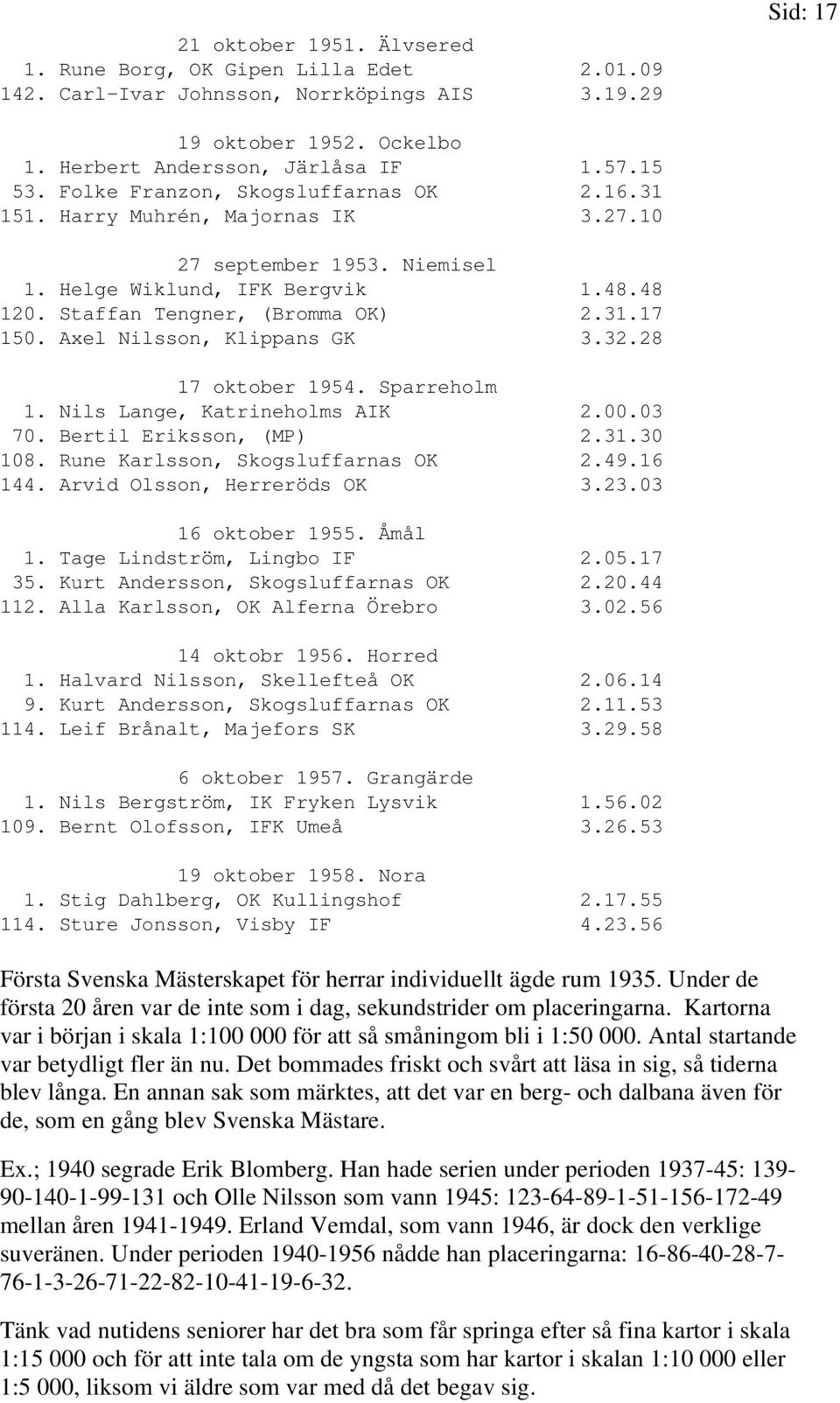 Axel Nilsson, Klippans GK 3.32.28 17 oktober 1954. Sparreholm 1. Nils Lange, Katrineholms AIK 2.00.03 70. Bertil Eriksson, (MP) 2.31.30 108. Rune Karlsson, Skogsluffarnas OK 2.49.16 144.