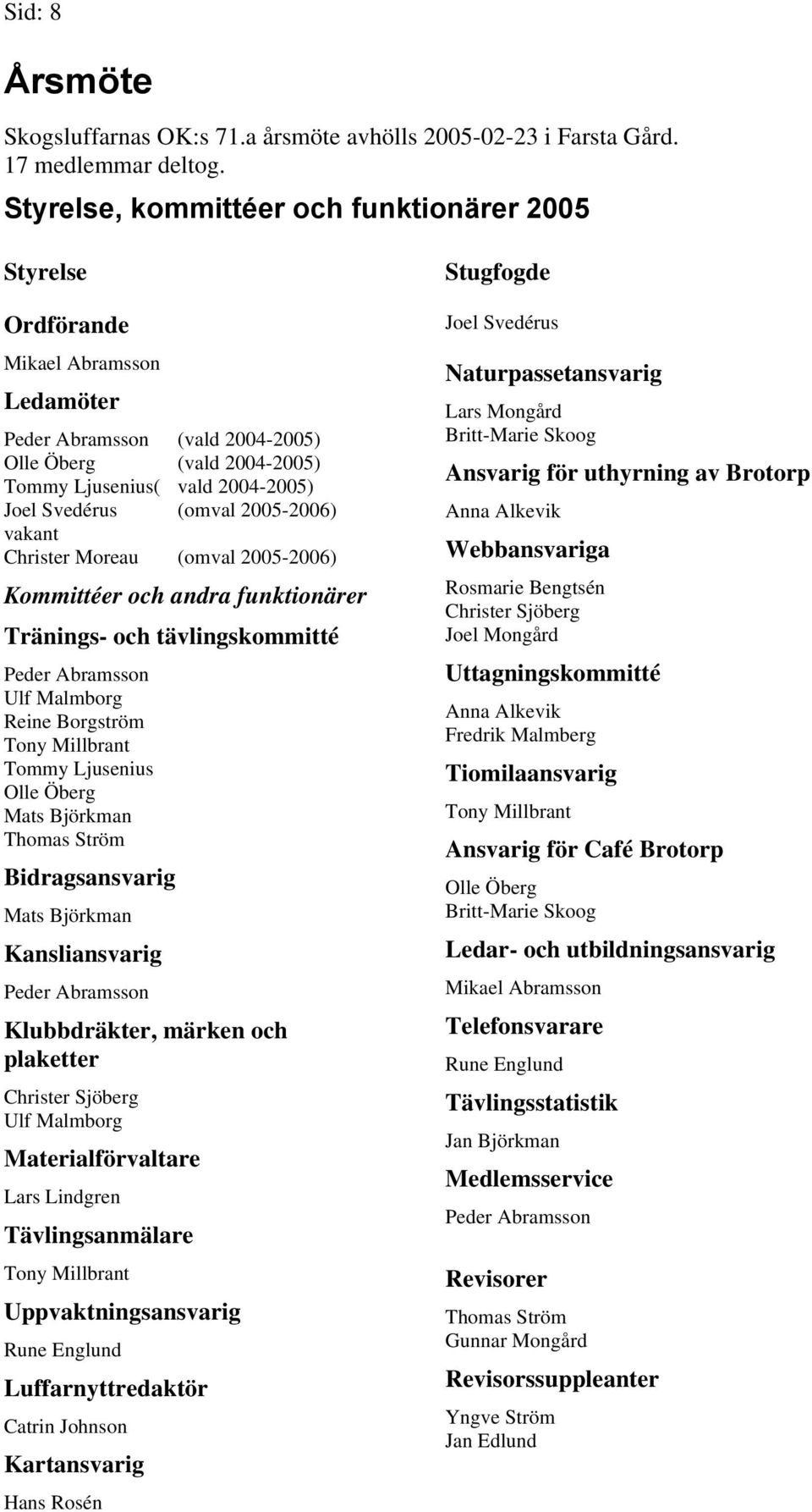 (omval 2005-2006) vakant Christer Moreau (omval 2005-2006) Kommittéer och andra funktionärer Tränings- och tävlingskommitté Peder Abramsson Ulf Malmborg Reine Borgström Tony Millbrant Tommy Ljusenius