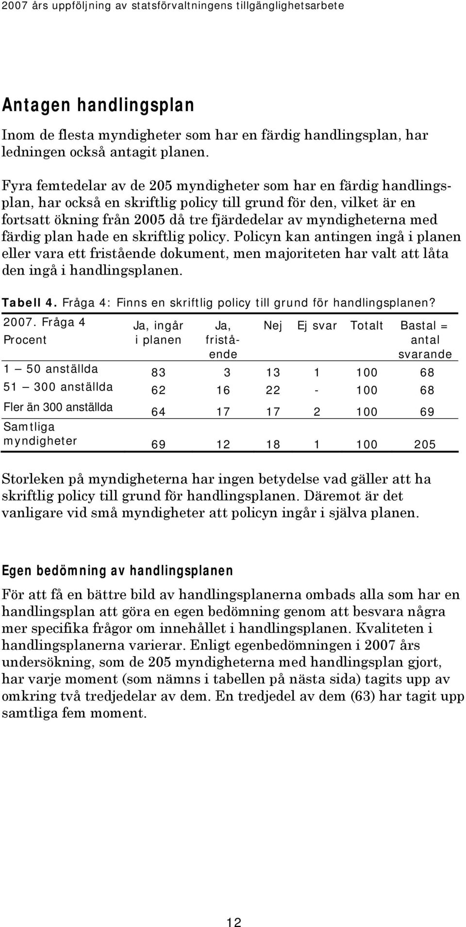 färdig plan hade en skriftlig policy. Policyn kan antingen ingå i planen eller vara ett fristående dokument, men majoriteten har valt att låta den ingå i handlingsplanen. Tabell 4.