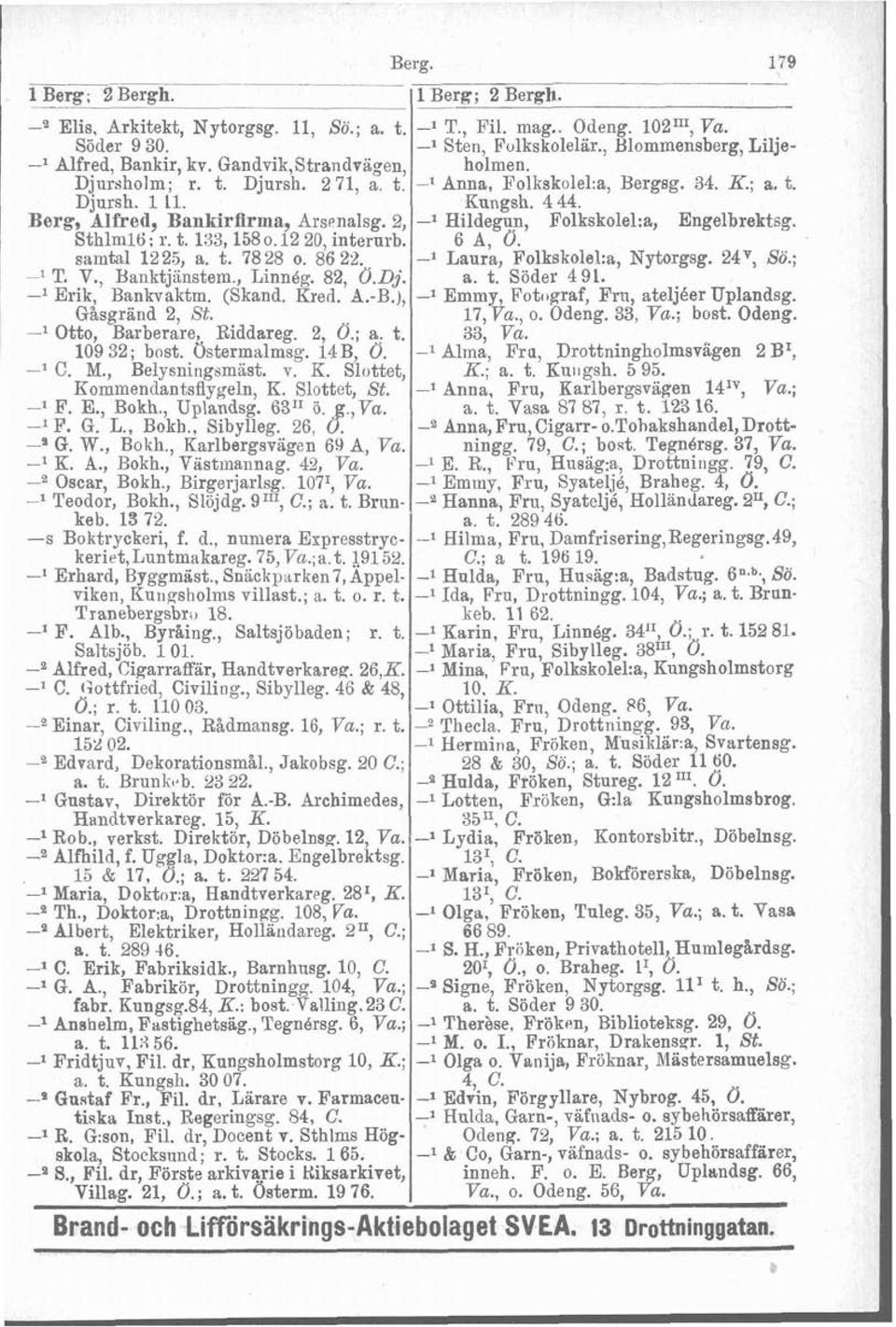 Berg, Alfred, Bankirfirma, Ars~nalsg. 2, -l Hildegun, Folkskolel:a, Engelbrektsg. Sthlmlti: r. t. 135,1580.12 20, internrb. 6 A, O. samtal 1225, a. t. 7828 o. 86 22. -1 Laura, Folkskolel:a, Nytorgsg.