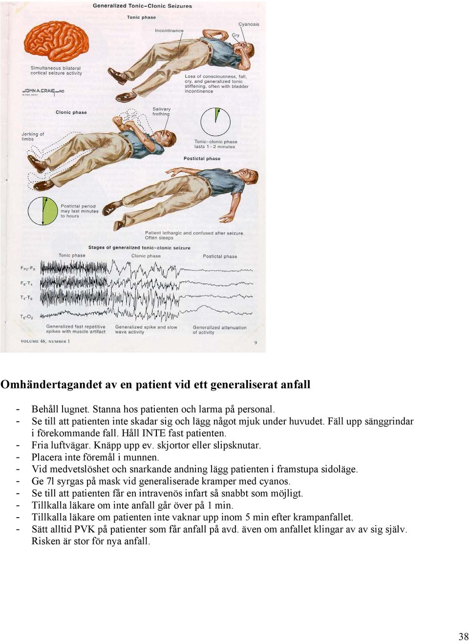 - Vid medvetslöshet och snarkande andning lägg patienten i framstupa sidoläge. - Ge 7l syrgas på mask vid generaliserade kramper med cyanos.