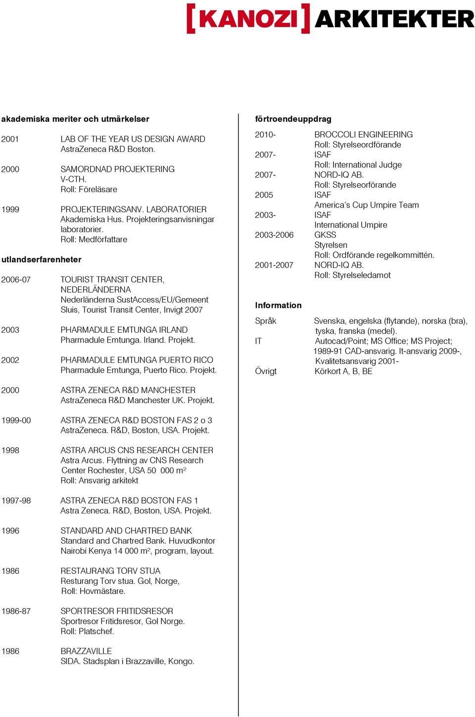 Roll: Medförfattare utlandserfarenheter 2006-07 TOURIST TRANSIT CENTER, NEDERLÄNDERNA Nederländerna SustAccess/EU/Gemeent Sluis, Tourist Transit Center, Invigt 2007 2003 PHARMADULE EMTUNGA IRLAND