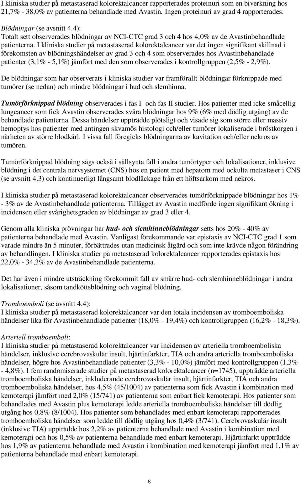 I kliniska studier på metastaserad kolorektalcancer var det ingen signifikant skillnad i förekomsten av blödningshändelser av grad 3 och 4 som observerades hos Avastinbehandlade patienter (3,1% -