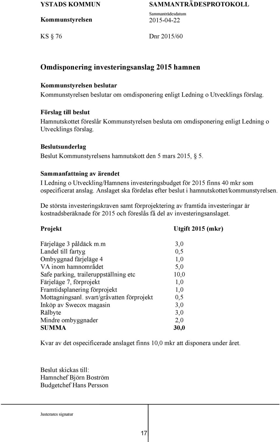 I Ledning o Utveckling/Hamnens investeringsbudget för 2015 finns 40 mkr som ospecificerat anslag. Anslaget ska fördelas efter beslut i hamnutskottet/kommunstyrelsen.