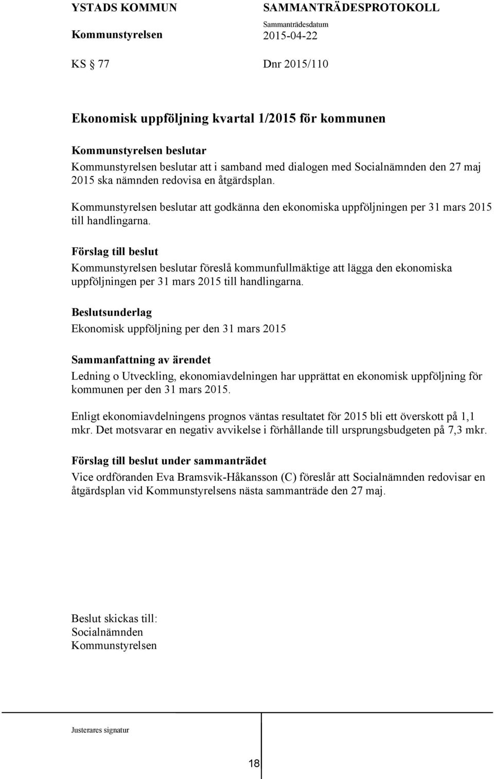 Förslag till beslut beslutar föreslå kommunfullmäktige att lägga den ekonomiska uppföljningen per 31 mars 2015 till handlingarna.