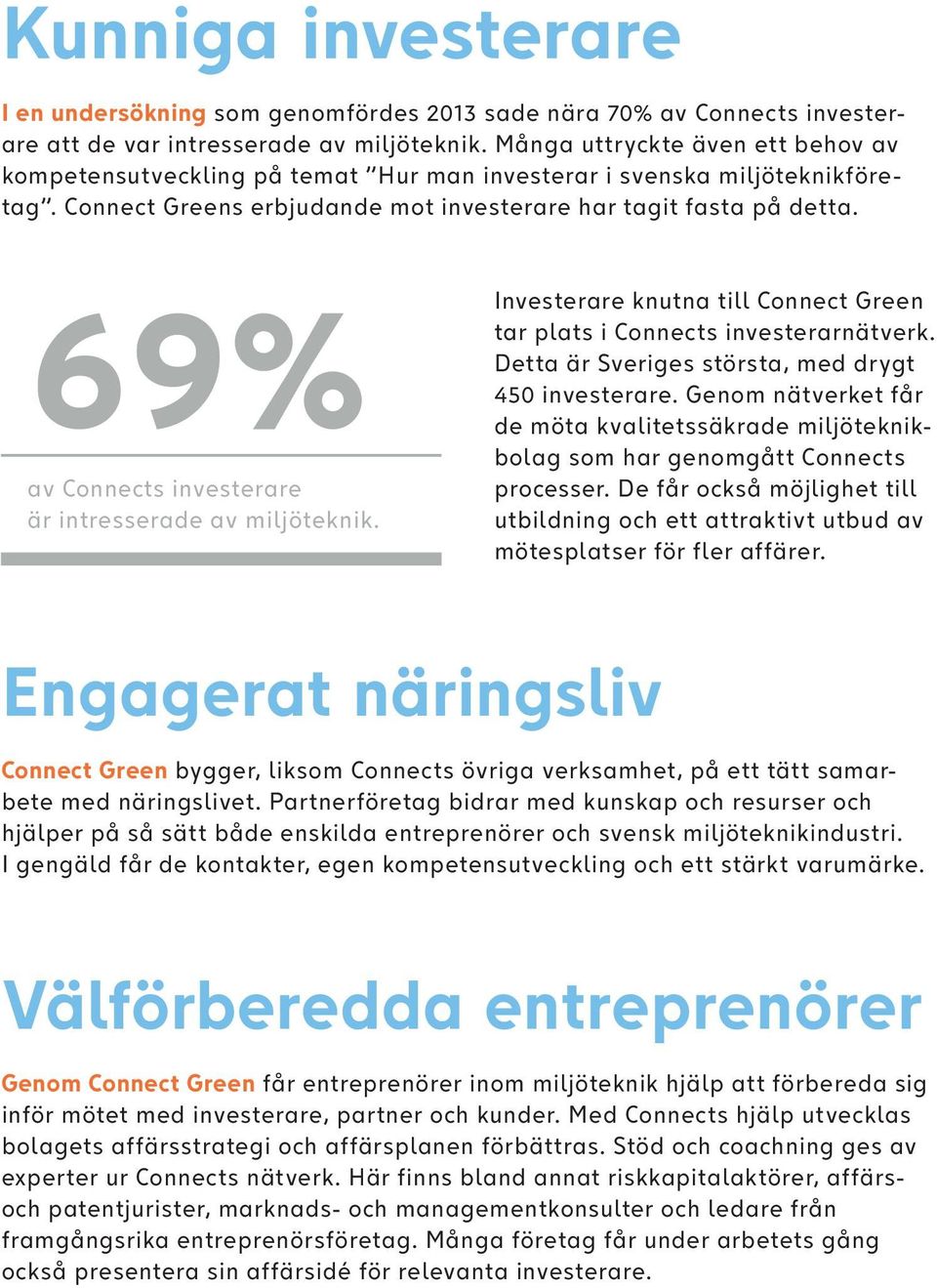 69% av Connects investerare är intresserade av miljöteknik. Investerare knutna till Connect Green tar plats i Connects investerarnätverk. Detta är Sveriges största, med drygt 450 investerare.