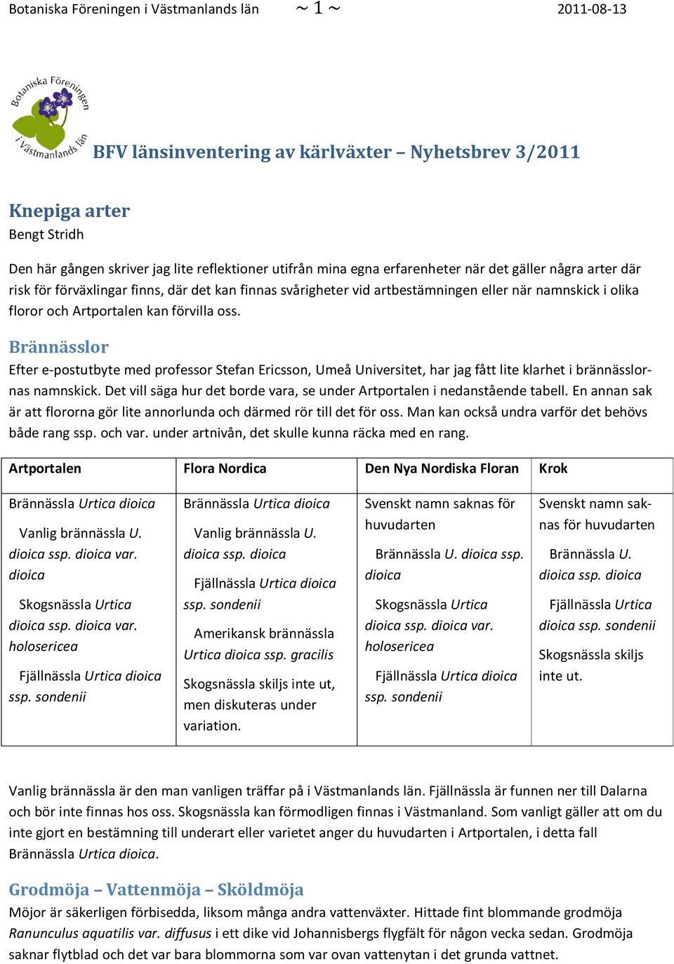 Brännässlor Efter e-postutbyte med professor Stefan Ericsson, Umeå Universitet, har jag fått lite klarhet i brännässlornas namnskick.