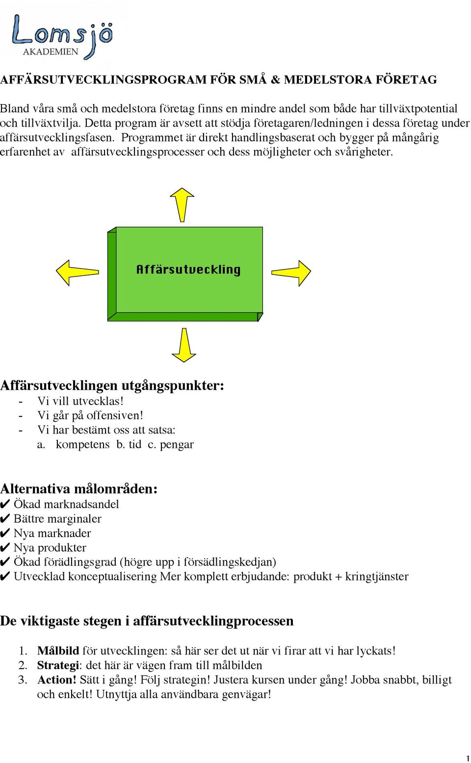 Programmet är direkt handlingsbaserat och bygger på mångårig erfarenhet av affärsutvecklingsprocesser och dess möjligheter och svårigheter.