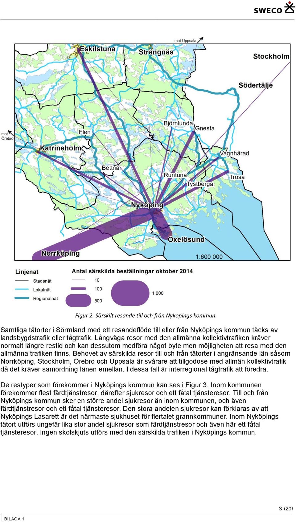 Behovet av särskilda resor till och från tätorter i angränsande län såsom Norrköping, Stockholm, Örebro och Uppsala är svårare att tillgodose med allmän kollektivtrafik då det kräver samordning länen