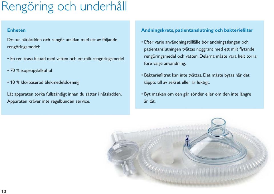 Andningskrets, patientanslutning och bakteriefilter Efter varje användningstillfälle bör andningsslangen och patientanslutningen tvättas noggrant med ett milt flytande rengöringsmedel och