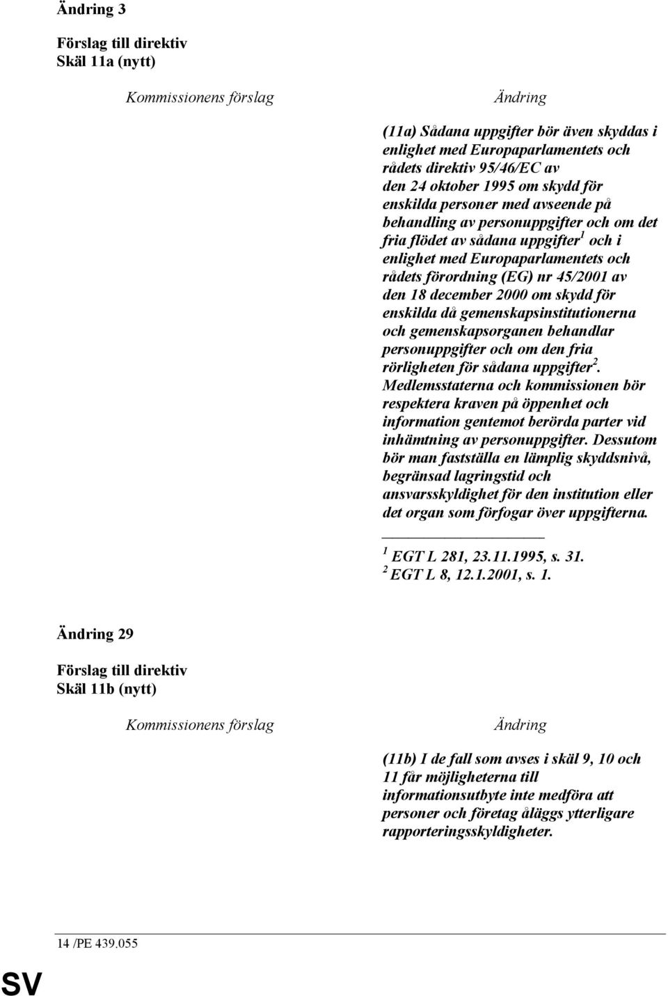 45/2001 av den 18 december 2000 om skydd för enskilda då gemenskapsinstitutionerna och gemenskapsorganen behandlar personuppgifter och om den fria rörligheten för sådana uppgifter 2.