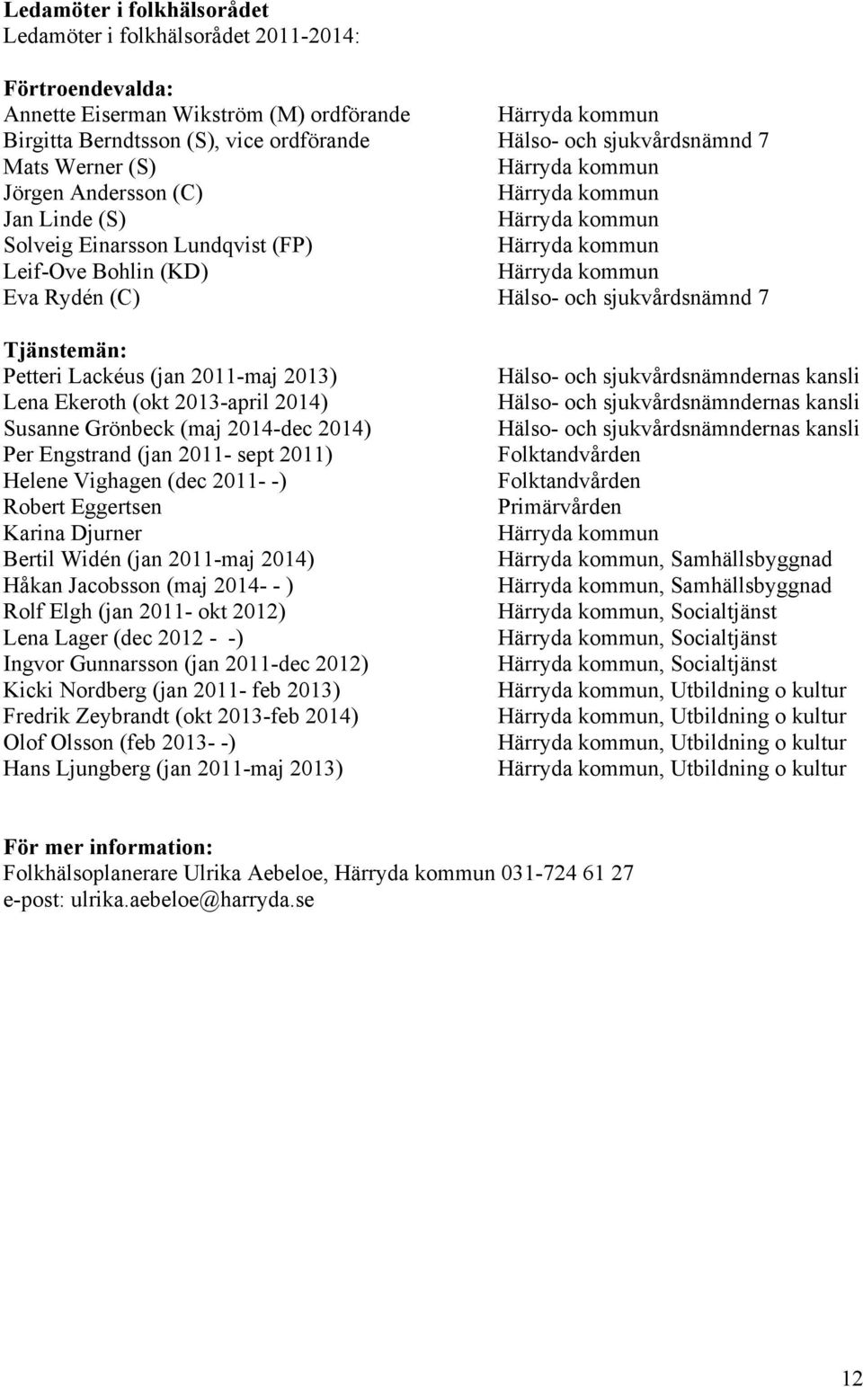 Eva Rydén (C) Hälso- och sjukvårdsnämnd 7 Tjänstemän: Petteri Lackéus (jan 2011-maj 2013) Lena Ekeroth (okt 2013-april 2014) Susanne Grönbeck (maj 2014-dec 2014) Per Engstrand (jan 2011- sept 2011)