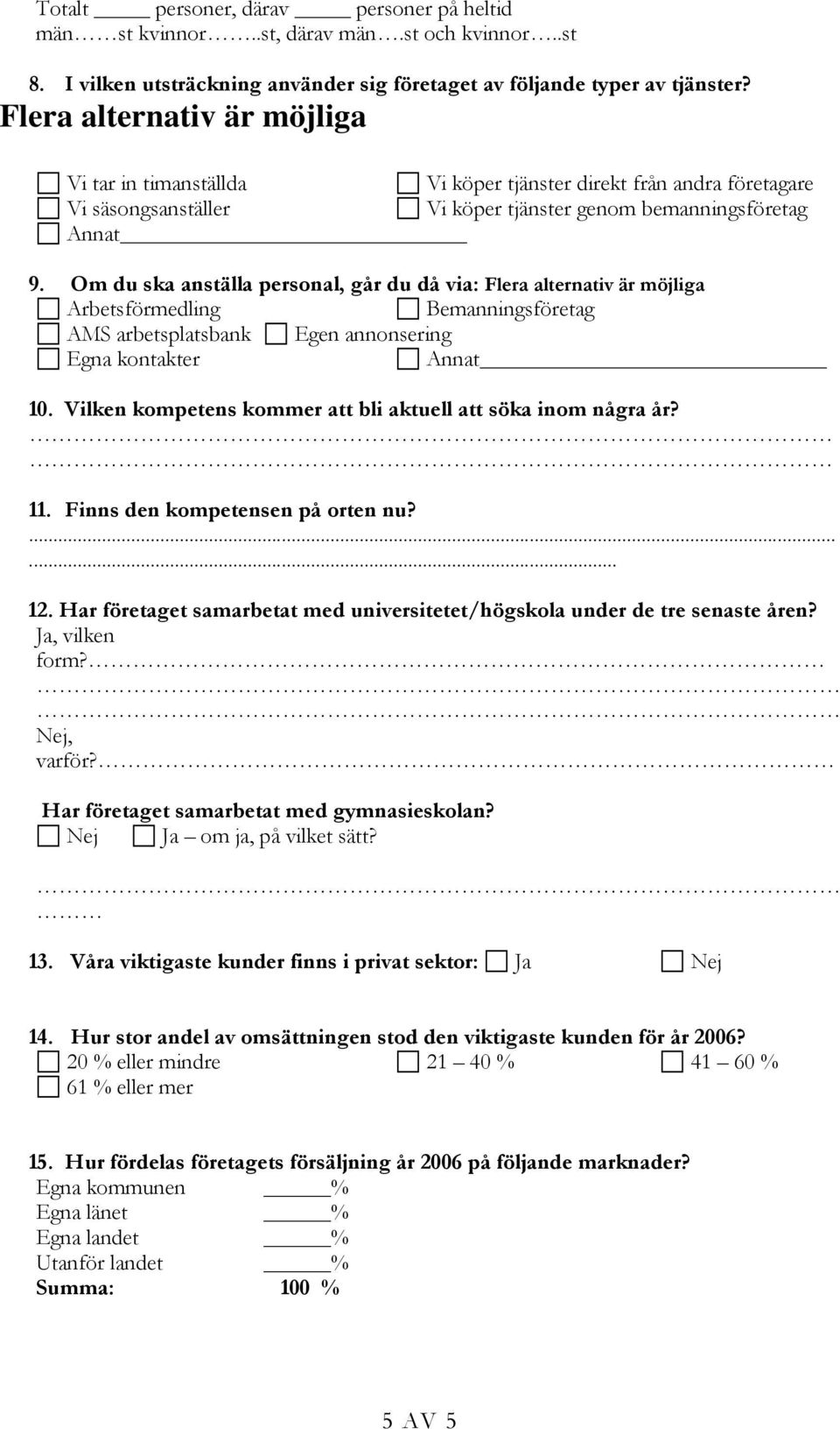 Om du ska anställa personal, går du då via: Flera alternativ är möjliga Arbetsförmedling Bemanningsföretag AMS arbetsplatsbank Egen annonsering Egna kontakter Annat 1.