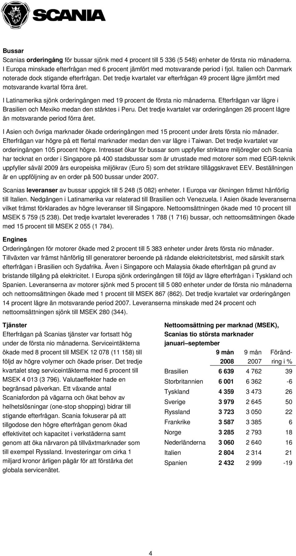 I Latinamerika sjönk orderingången med 19 procent de första nio månaderna. Efterfrågan var lägre i Brasilien och Mexiko medan den stärktes i Peru.