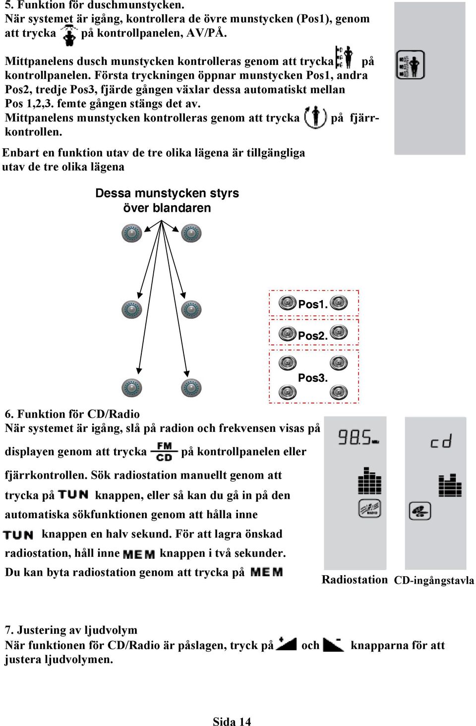 Första tryckningen öppnar munstycken Pos1, andra Pos2, tredje Pos3, fjärde gången växlar dessa automatiskt mellan Pos 1,2,3. femte gången stängs det av.