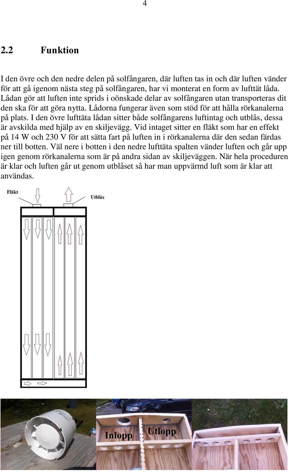 I den övre lufttäta lådan sitter både solfångarens luftintag och utblås, dessa är avskilda med hjälp av en skiljevägg.