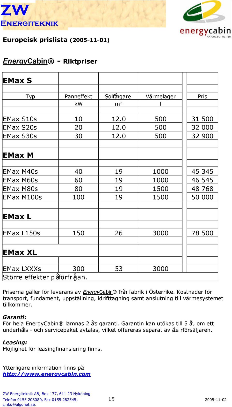 3000 Större effekter på förfrågan. Priserna gäller för leverans av EnergyCabin från fabrik i Österrike.