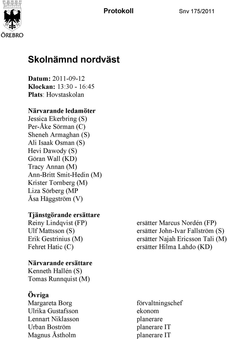 Ulf Mattsson (S) Erik Gestrinius (M) Fehret Hatic (C) ersätter Marcus Nordén (FP) ersätter John-Ivar Fallström (S) ersätter Najah Ericsson Tali (M) ersätter Hilma Lahdo (KD) Närvarande