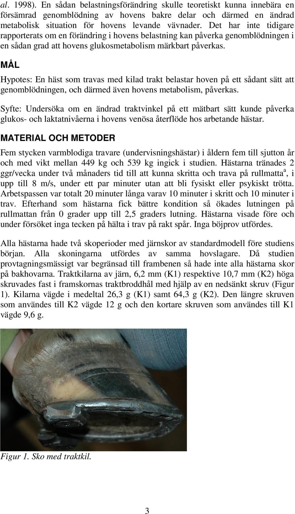 MÅL Hypotes: En häst som travas med kilad trakt belastar hoven på ett sådant sätt att genomblödningen, och därmed även hovens metabolism, påverkas.