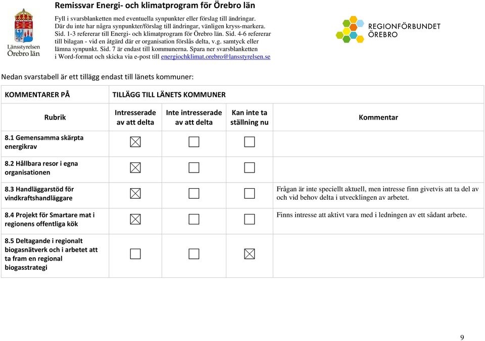 g. samtyck eller lämna synpunkt. Sid. 7 är endast till kommunerna. Spara ner svarsblanketten i Word-format och skicka via e-post till energiochklimat.orebro@lansstyrelsen.