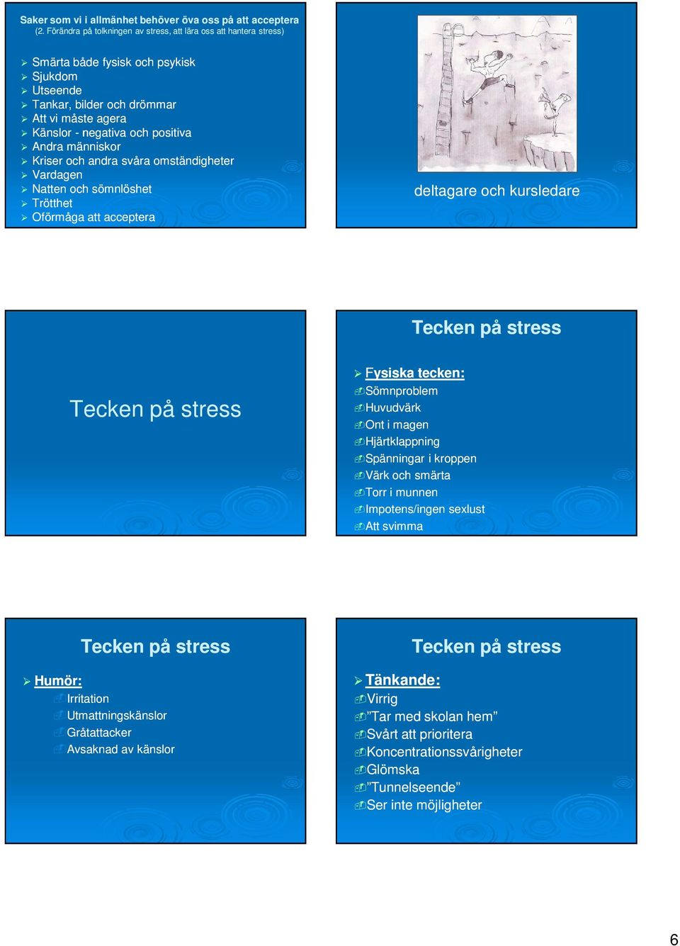 människor Kriser och andra svåra omständigheter Vardagen Natten och sömnlöshet Trötthet Oförmåga att acceptera deltagare och kursledare Tecken på stress Tecken på stress Fysiska tecken: Sömnproblem