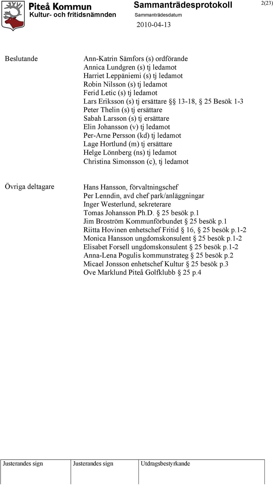 ledamot Christina Simonsson (c), tj ledamot Övriga deltagare Hans Hansson, förvaltningschef Per Lenndin, avd chef park/anläggningar Inger Westerlund, sekreterare Tomas Johansson Ph.D. 25 besök p.