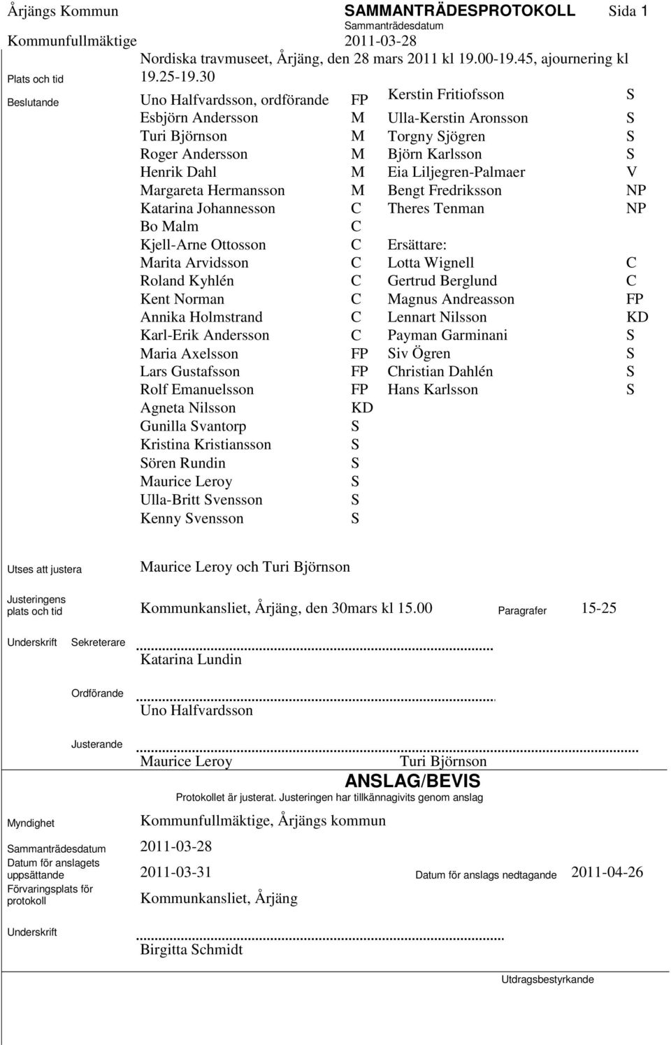 Liljegren-Palmaer V Margareta Hermansson M Bengt Fredriksson NP Katarina Johannesson C Theres Tenman NP Bo Malm C Kjell-Arne Ottosson C Ersättare: Marita Arvidsson C Lotta Wignell C Roland Kyhlén C