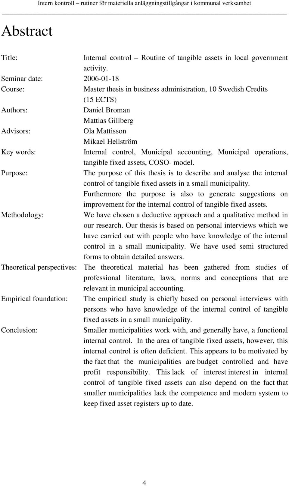 Internal control, Municipal accounting, Municipal operations, tangible fixed assets, COSO- model.