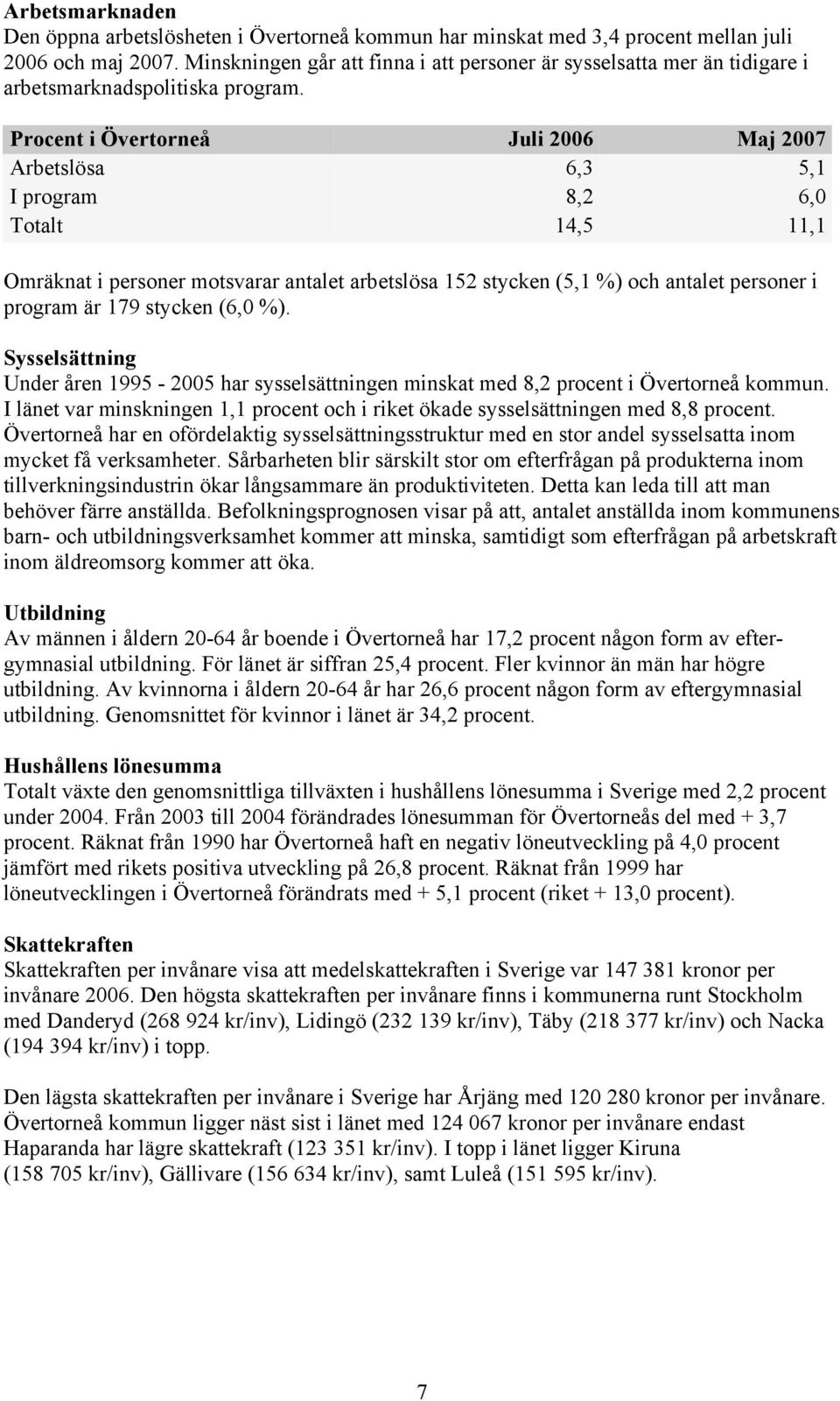 Procent i Övertorneå Juli 2006 Maj 2007 Arbetslösa 6,3 5,1 I program 8,2 6,0 Totalt 14,5 11,1 Omräknat i personer motsvarar antalet arbetslösa 152 stycken (5,1 %) och antalet personer i program är