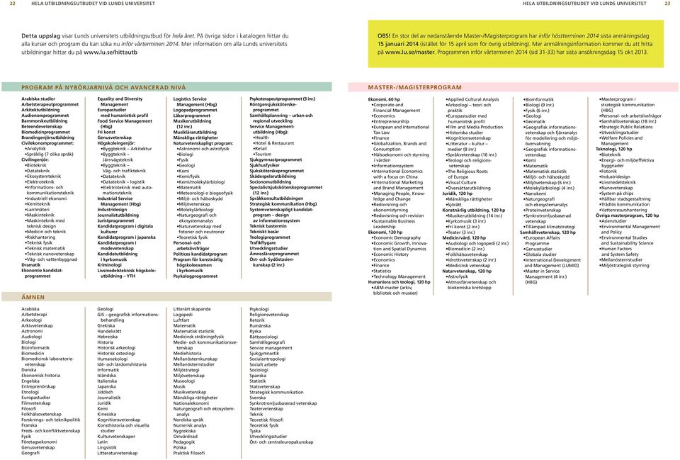 En stor del av nedanstående Master-/Magisterprogram har inför höstterminen 2014 sista anmäningsdag 15 januari 2014 (istället för 15 april som för övrig utbildning).