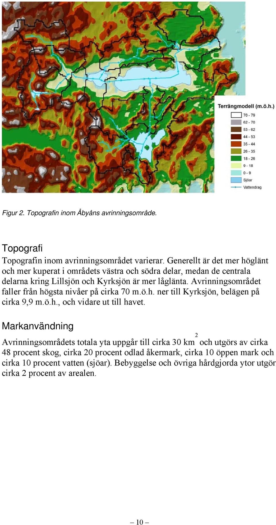 Avrinningsområdet faller från högsta nivåer på cirka 70 m.ö.h. ner till Kyrksjön, belägen på cirka 9,9 m.ö.h., och vidare ut till havet.