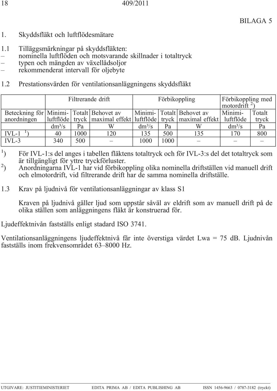 2 Prestationsvärden för ventilationsanläggningens skyddsfläkt Filtrerande drift Förbikoppling Förbikoppling med motordrift 2 ) Beteckning för Minimiluftflöde Behovet av anordningen tryck maximal