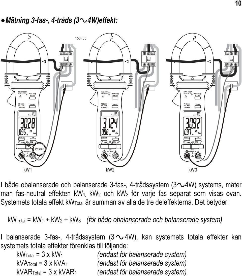 Det betyder: kwtotal = kw1 + kw2 + kw3 (för både obalanserade och balanserade system) I balanserade 3-fas-, 4-trådssystem (3 4W), kan systemets totala effekter