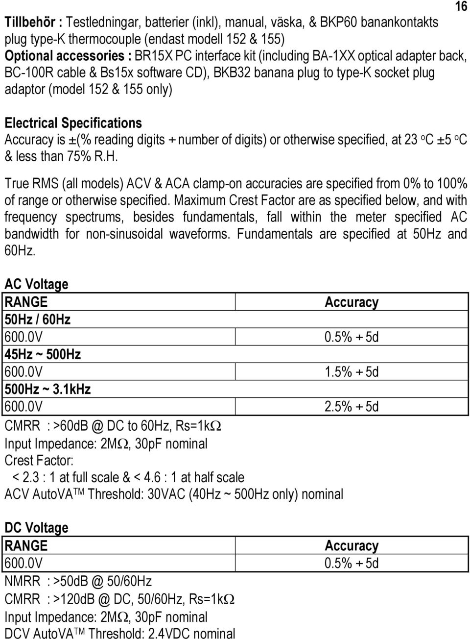digits) or otherwise specified, at 23 o C ±5 o C & less than 75% R.H. True RMS (all models) ACV & ACA clamp-on accuracies are specified from 0% to 100% of range or otherwise specified.