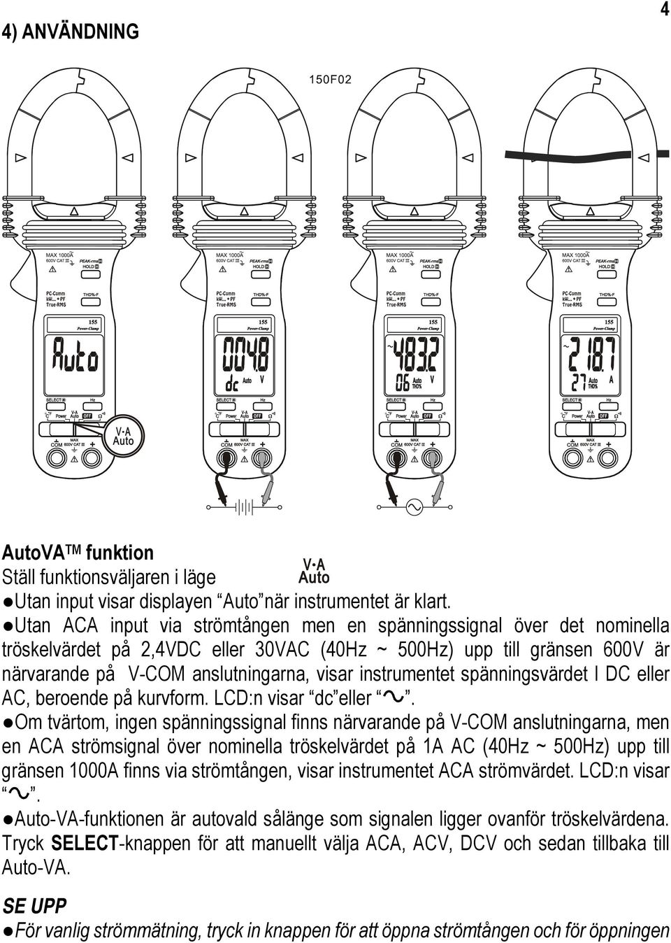 instrumentet spänningsvärdet I DC eller AC, beroende på kurvform. LCD:n visar dc eller.