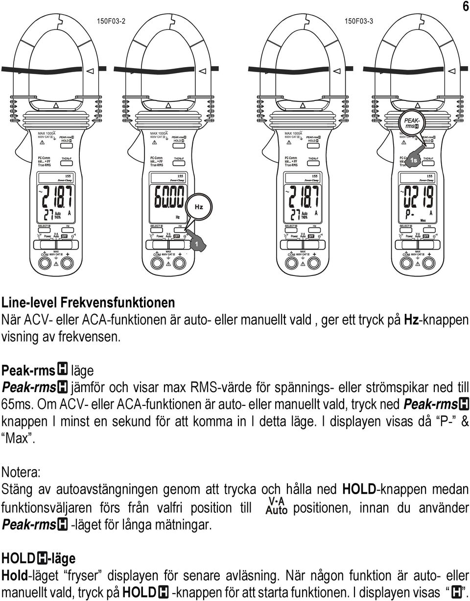 Om ACV- eller ACA-funktionen är auto- eller manuellt vald, tryck ned Peak-rms knappen I minst en sekund för att komma in I detta läge. I displayen visas då P- & Max.