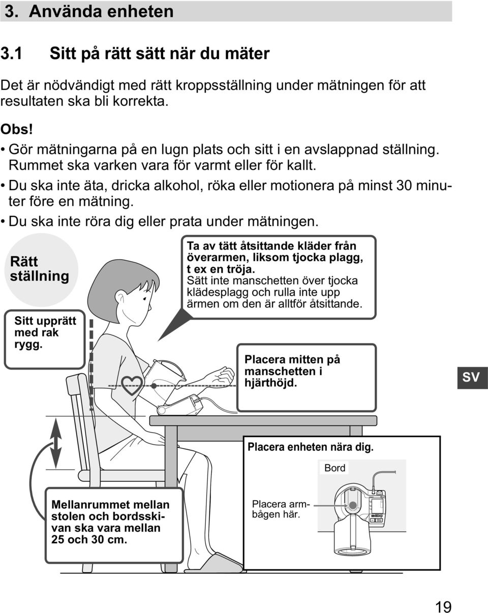 Du ska inte äta, dricka alkohol, röka eller motionera på minst 30 minuter före en mätning. Du ska inte röra dig eller prata under mätningen. Rätt ställning Sitt upprätt med rak rygg.