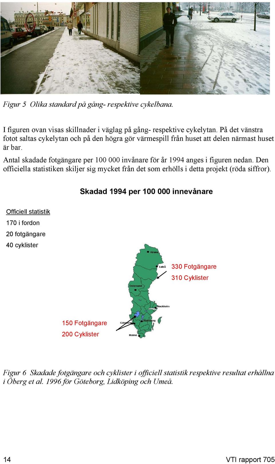 Antal skadade fotgängare per 100 000 invånare för år 1994 anges i figuren nedan. Den officiella statistiken skiljer sig mycket från det som erhölls i detta projekt (röda siffror).