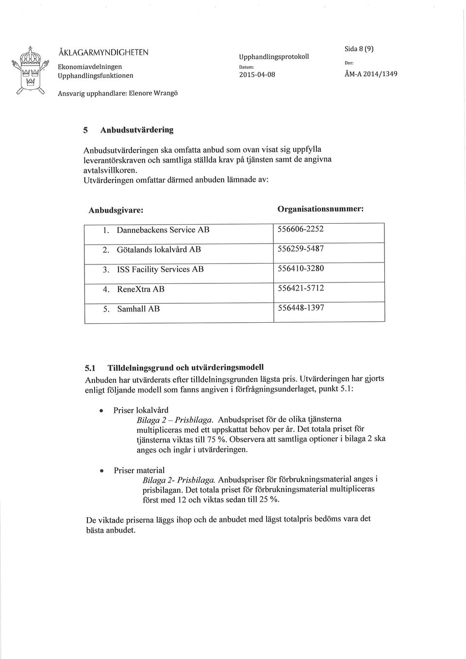 Dannebackens Service AB 556606-2252 2. Götalands lokalvård AB 556259-5487 3. ISS Facility Services AB ss64r0-3280 4. ReneXtra AB 556421-57t2 5. Samhall AB 556448-1397 5.