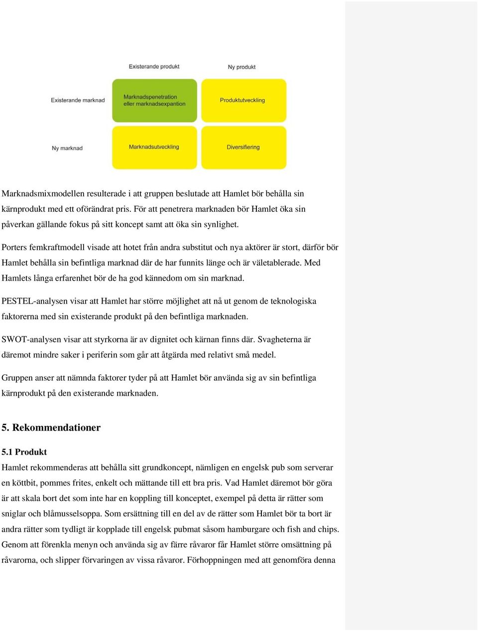 Porters femkraftmodell visade att hotet från andra substitut och nya aktörer är stort, därför bör Hamlet behålla sin befintliga marknad där de har funnits länge och är väletablerade.